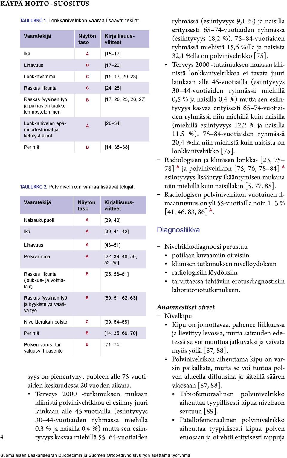 fyysinen työ ja kyykistelyä vaativa työ B [25, 56 61] B [50, 51, 62, 63] Nivelkierukan poisto C [39, 64 68] Perimä B [14, 35, 69, 70] Polven varus- tai valgusvirheasento Näytön taso