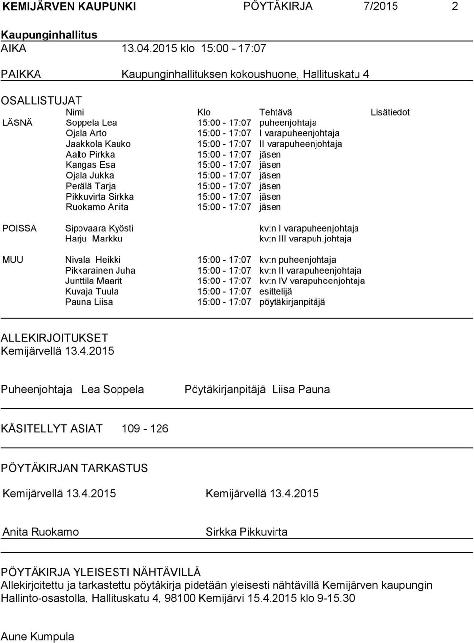 varapuheenjohtaja Jaakkola Kauko 15:00-17:07 II varapuheenjohtaja Aalto Pirkka 15:00-17:07 jäsen Kangas Esa 15:00-17:07 jäsen Ojala Jukka 15:00-17:07 jäsen Perälä Tarja 15:00-17:07 jäsen Pikkuvirta