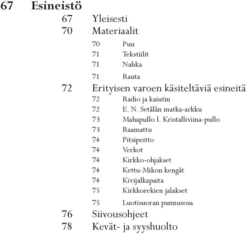 Kristalliviina-pullo 73 Raamattu 74 Pitsipeitto 74 Verkot 74 Kirkko-ohjakset 74 Kettu-Mikon kengät