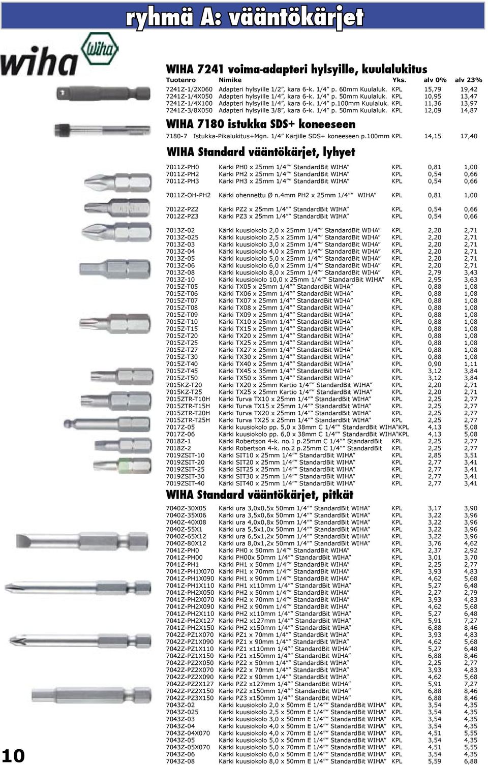 KPL 11,36 13,97 7241Z-3/8X050 Adapteri hylsyille 3/8, kara 6-k. 1/4 p. 50mm Kuulaluk. KPL 12,09 14,87 WIHA 7180 istukka SDS+ koneeseen 7180-7 Istukka-Pikalukitus+Mgn. 1/4 Kärjille SDS+ koneeseen p.