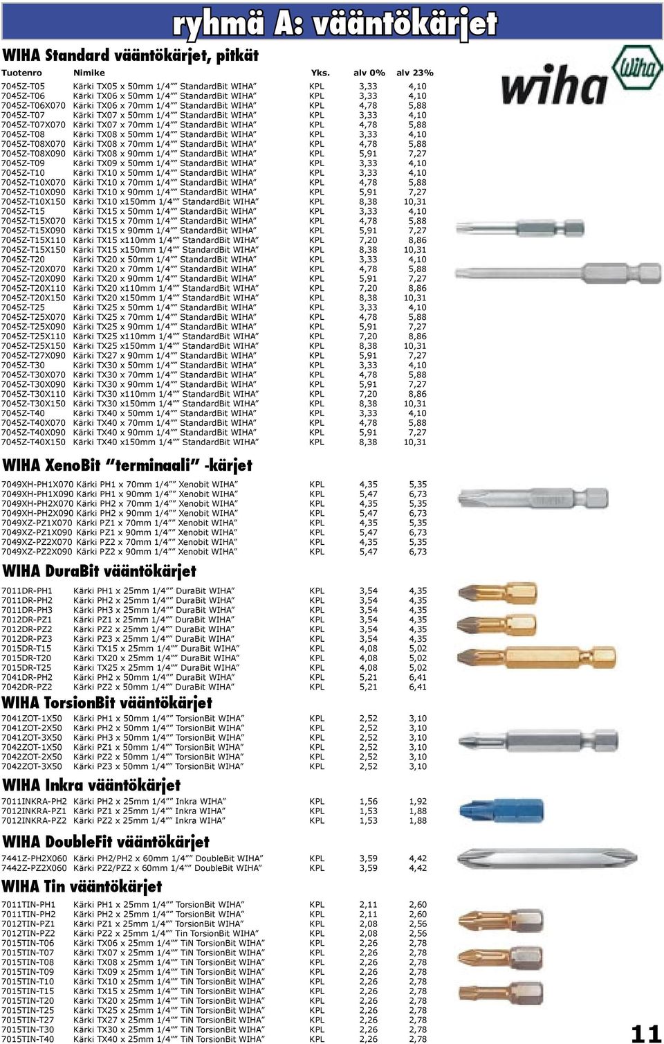 TX08 x 50mm 1/4 StandardBit WIHA KPL 3,33 4,10 7045Z-T08X070 Kärki TX08 x 70mm 1/4 StandardBit WIHA KPL 4,78 5,88 7045Z-T08X090 Kärki TX08 x 90mm 1/4 StandardBit WIHA KPL 5,91 7,27 7045Z-T09 Kärki