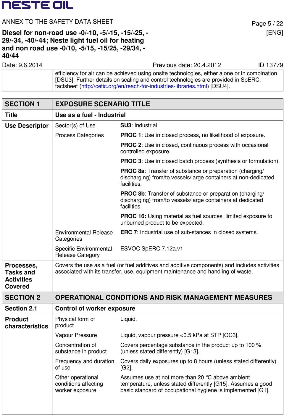 SECTION 1 Title EXPOSURE SCENARIO TITLE Use as a fuel - Industrial Use Descriptor Sector(s) of Use SU3: Industrial Process Categories PROC 1: Use in closed process, no likelihood of exposure.