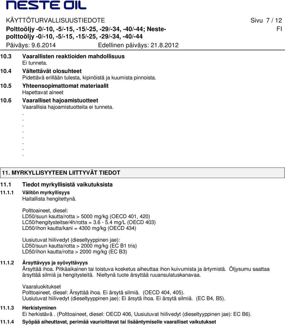 6 Vaaralliset hajoamistuotteet Vaarallisia hajoamistuotteita ei tunneta......... 11. MYRKYLLISYYTEEN LIITTYVÄT TIEDOT 11.1 Tiedot myrkyllisistä vaikutuksista 11.1.1 Välitön myrkyllisyys Haitallista hengitettynä.