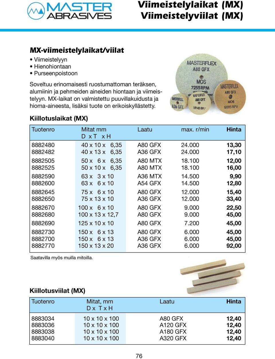 r/min Hinta D x T x H 8882480 40 x 10 x 6,35 A80 GFX 24.000 13,30 8882482 40 x 13 x 6,35 A36 GFX 24.000 17,10 8882505 50 x 6 x 6,35 A80 MTX 18.100 12,00 8882525 50 x 10 x 6,35 A80 MTX 18.