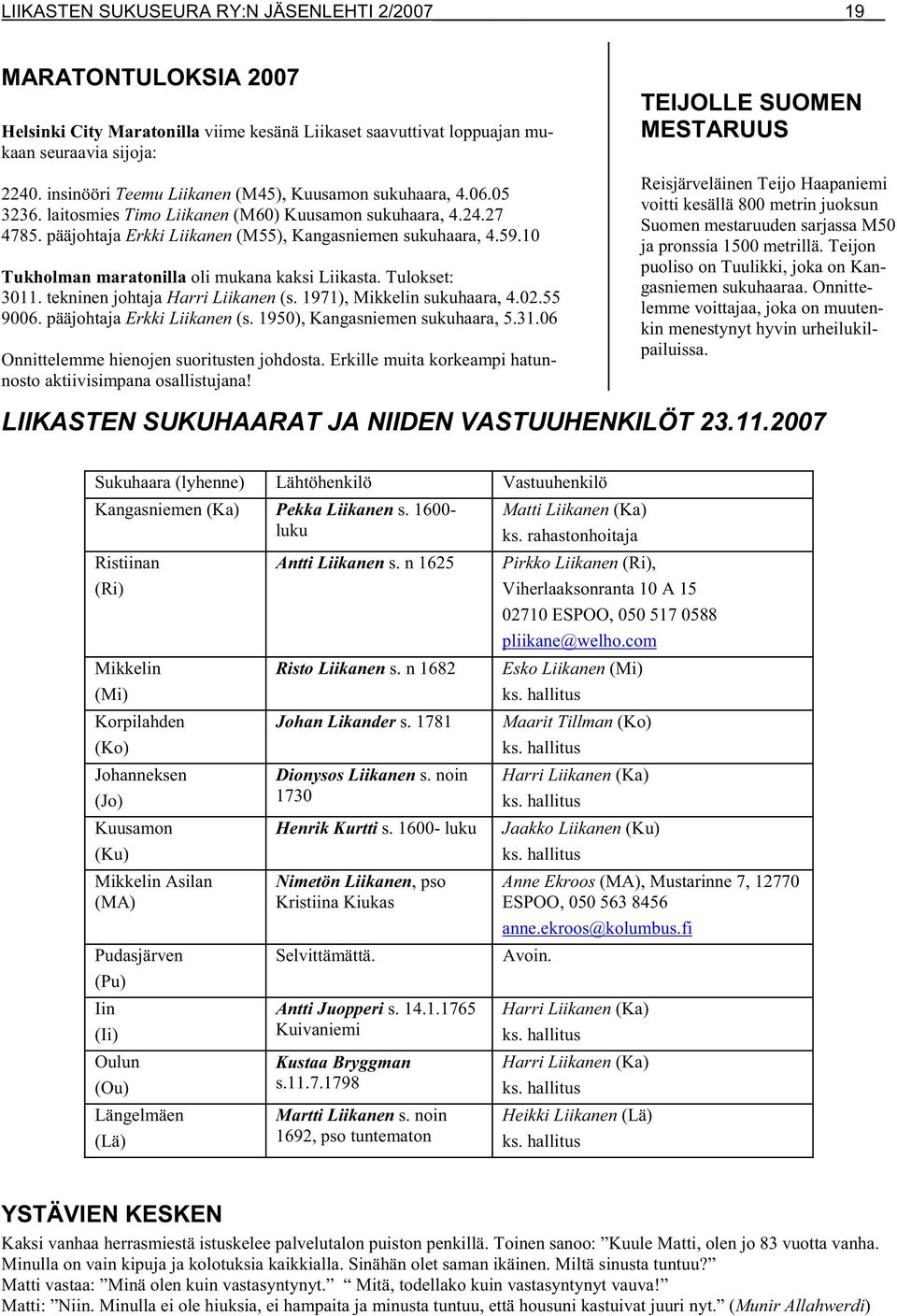 10 Tukholman maratonilla oli mukana kaksi Liikasta. Tulokset: 3011. tekninen johtaja Harri Liikanen (s. 1971), Mikkelin sukuhaara, 4.02.55 9006. pääjohtaja Erkki Liikanen (s.