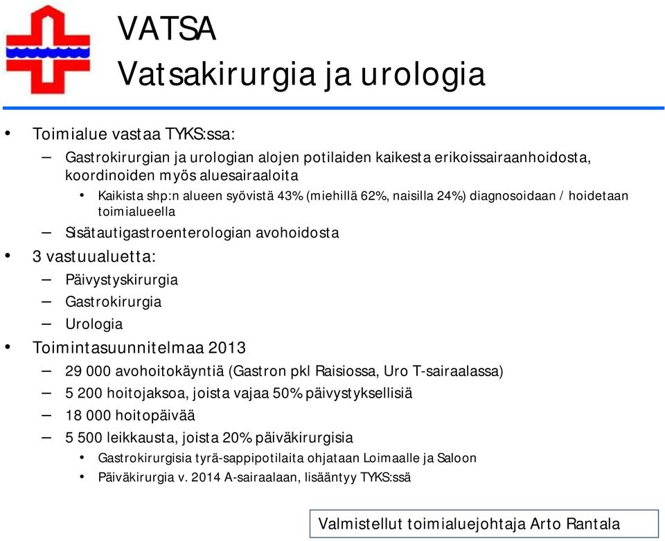 Toimintasuunnitelmaa 2013 29 000 avohoitokäyntiä (Gastron pkl Raisiossa, Uro T-sairaalassa) 5 200 hoitojaksoa, joista vajaa 50% päivystyksellisiä 18 000 hoitopäivää 5 500 leikkausta,