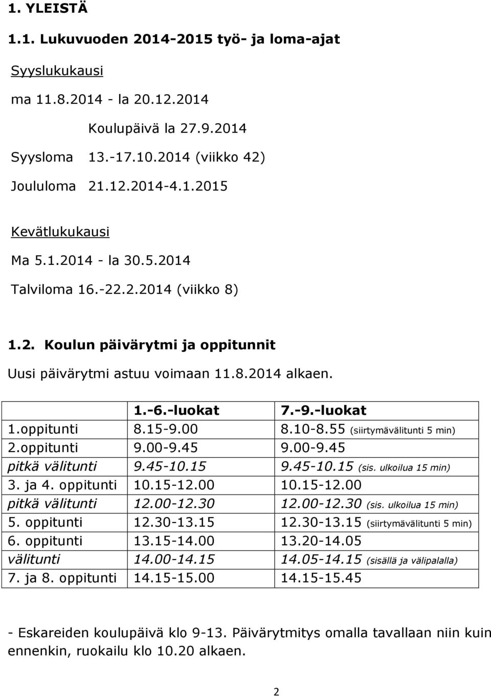 55 (siirtymävälitunti 5 min) 2.oppitunti 9.00-9.45 9.00-9.45 pitkä välitunti 9.45-10.15 9.45-10.15 (sis. ulkoilua 15 min) 3. ja 4. oppitunti 10.15-12.00 10.15-12.00 pitkä välitunti 12.00-12.30 12.