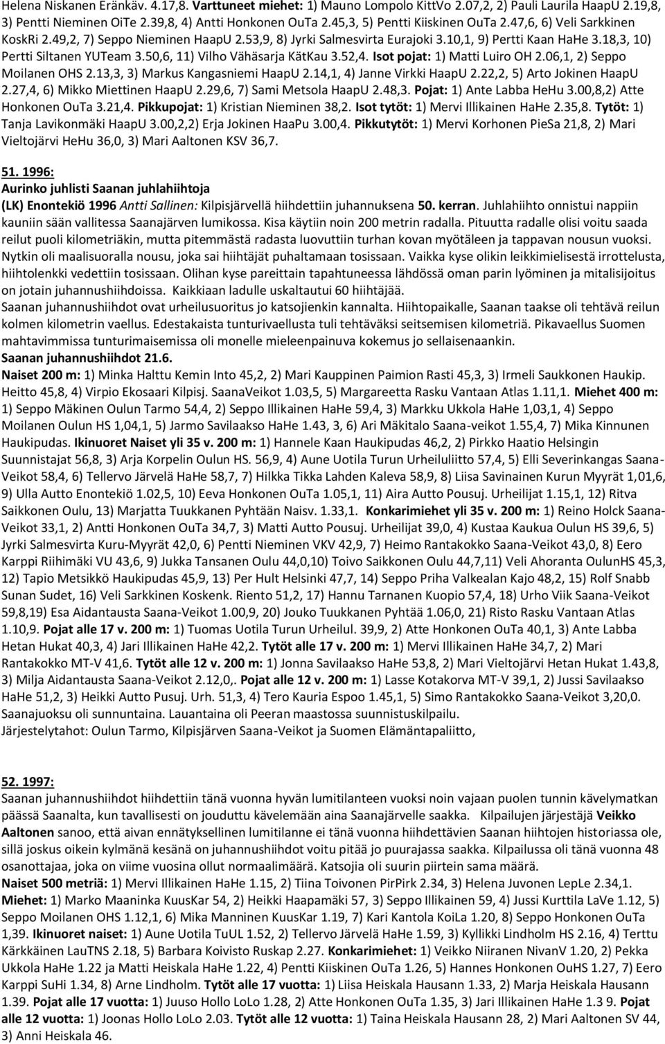 50,6, 11) Vilho Vähäsarja KätKau 3.52,4. Isot pojat: 1) Matti Luiro OH 2.06,1, 2) Seppo Moilanen OHS 2.13,3, 3) Markus Kangasniemi HaapU 2.14,1, 4) Janne Virkki HaapU 2.22,2, 5) Arto Jokinen HaapU 2.