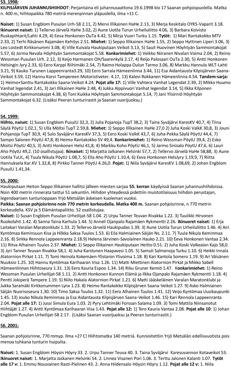 02, 2) Aune Uotila Turun Urheiluliitto 4.06, 3) Barbara Koivisto Ruskapihtarit/Lahti 4.29, 4) Eeva Honkonen OuTa 4.42, 5) Mirja Vuori Turku 1.15. Tytöt: 1) Mari Rantakokko MTV 2.