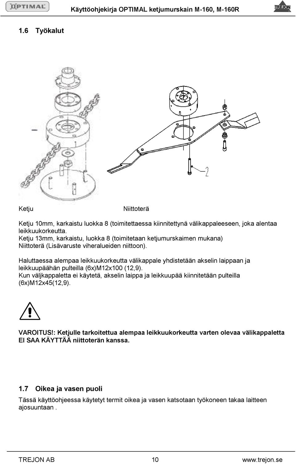 Haluttaessa alempaa leikkuukorkeutta välikappale yhdistetään akselin laippaan ja leikkuupäähän pulteilla (6x)M12x100 (12,9).