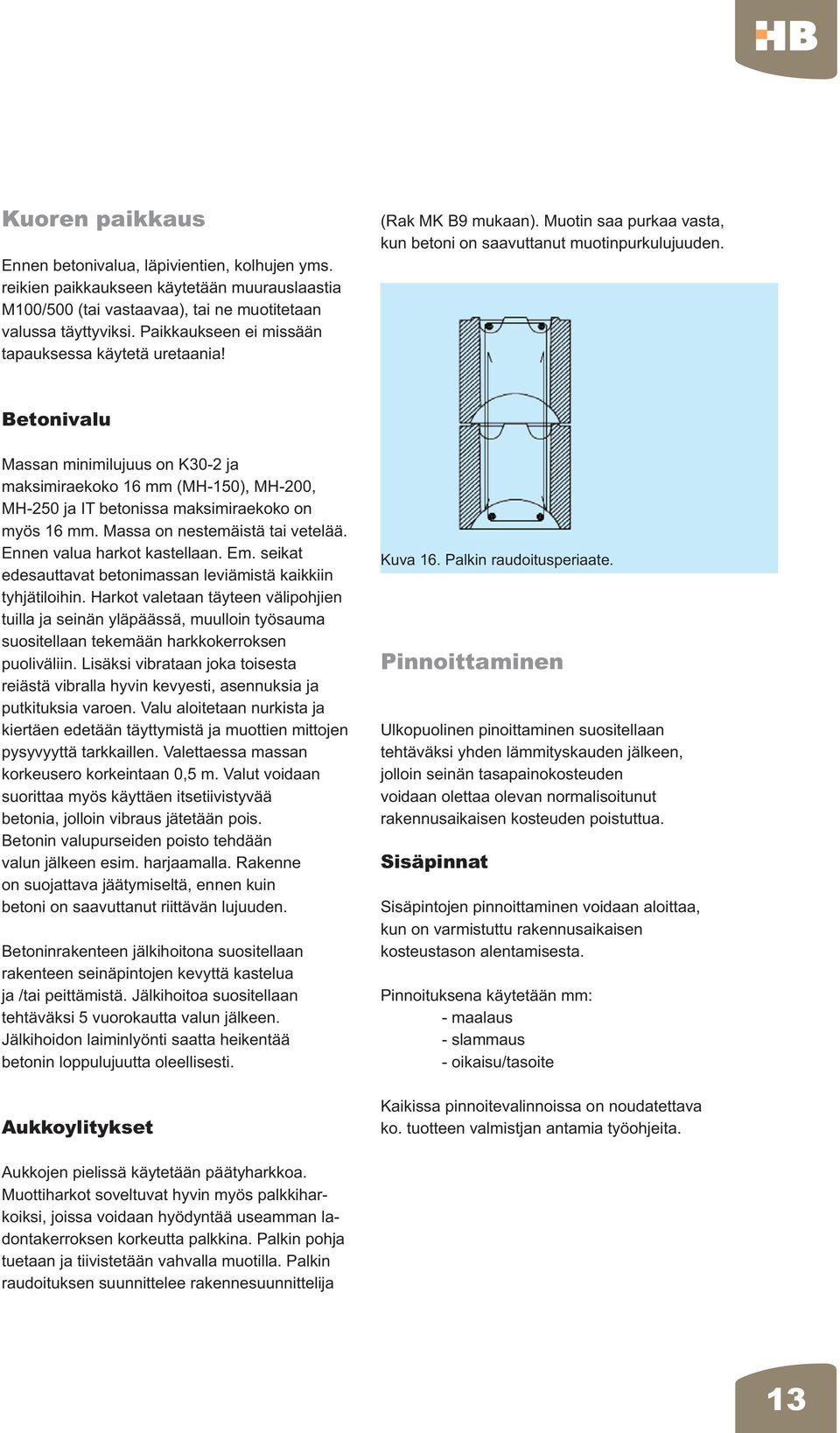 Betonivalu Massan minimilujuus on K30-2 ja maksimiraekoko 16 mm (MH-150), MH-200, MH-250 ja IT betonissa maksimiraekoko on myös 16 mm. Massa on nestemäistä tai vetelää. Ennen valua harkot kastellaan.