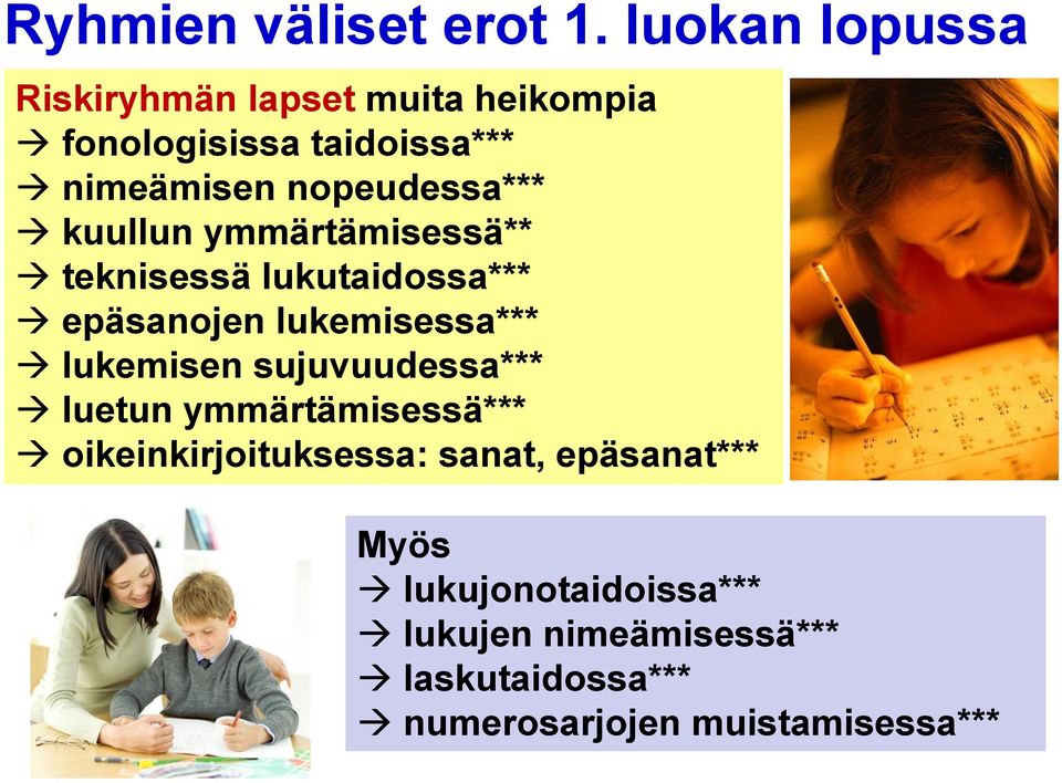 nopeudessa*** kuullun ymmärtämisessä** teknisessä lukutaidossa*** epäsanojen lukemisessa***