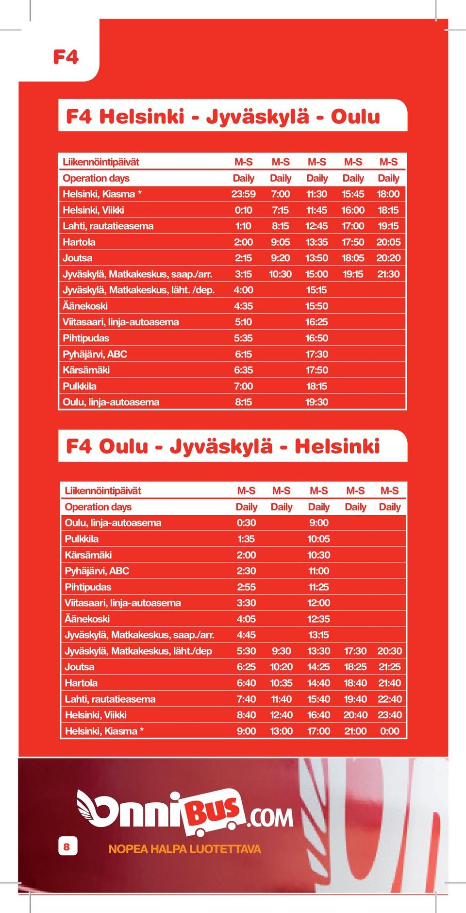3:15 10:30 15:00 19:15 21:30 Jyväskylä, Matkakeskus, läht. /dep.