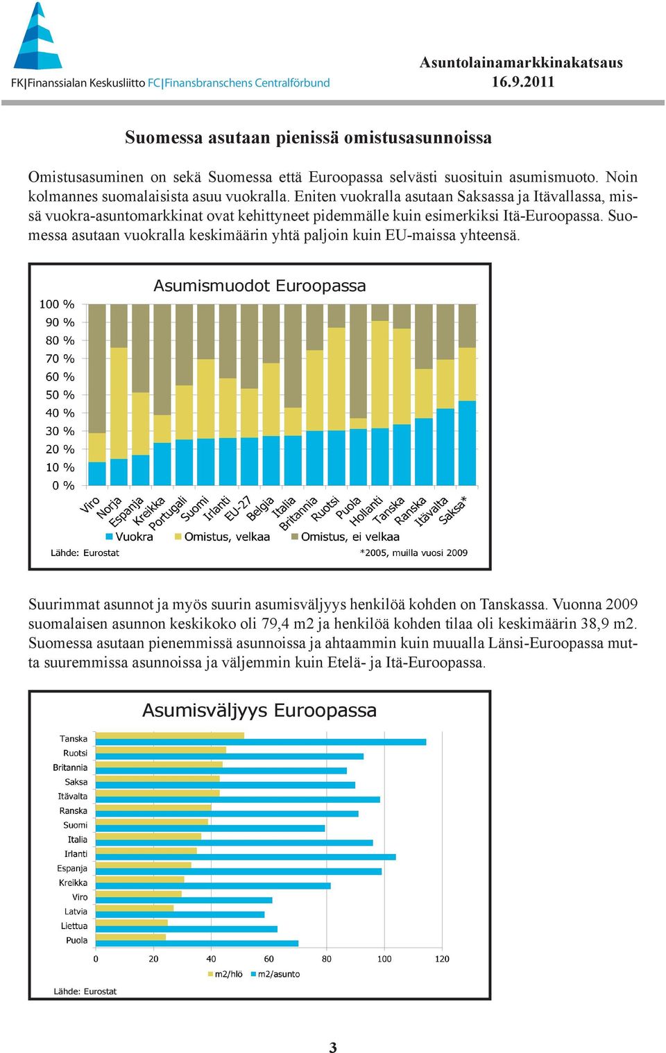 Suomessa asutaan vuokralla keskimäärin yhtä paljoin kuin EU-maissa yhteensä. Asumismuodot Euroopassa Suurimmat asunnot ja myös suurin asumisväljyys henkilöä kohden on Tanskassa.