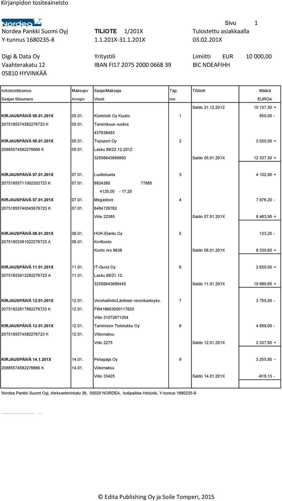 Tiliöinti Määrä Saajan tilinumero Arvopv Viesti nro EUROA Saldo 31.12.201Z 10 137,30 + KIRJAUSPÄIVÄ 05.01.201X 05.01. Kiinteistö Oy Kuutio 1 850,00-2075185574582276723 K 05.01. Tammikuun vuokra 437938483 KIRJAUSPÄIVÄ 05.