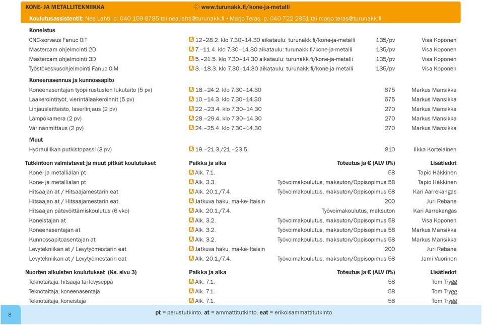 21.5. klo 7.30 14.30 aikataulu: turunakk.fi /kone-ja-metalli 135/pv Visa Koponen Työstökeskusohjelmointi Fanuc 0iM A 3. 18.3. klo 7.30 14.30 aikataulu: turunakk.fi /kone-ja-metalli 135/pv Visa Koponen Koneenasennus ja kunnossapito Koneenasentajan työpiirustusten lukutaito (5 pv) A 18.