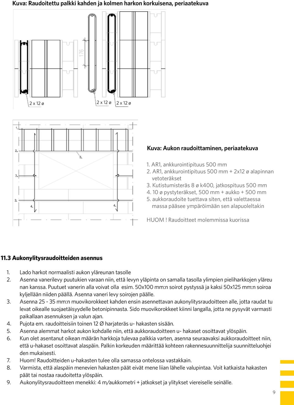 aukkoraudoite tuettava siten, että valettaessa massa pääsee ympäröimään sen alapuoleltakin HUOM! Raudoitteet molemmissa kuorissa 11.3 Aukonylitysraudoitteiden asennus 1.