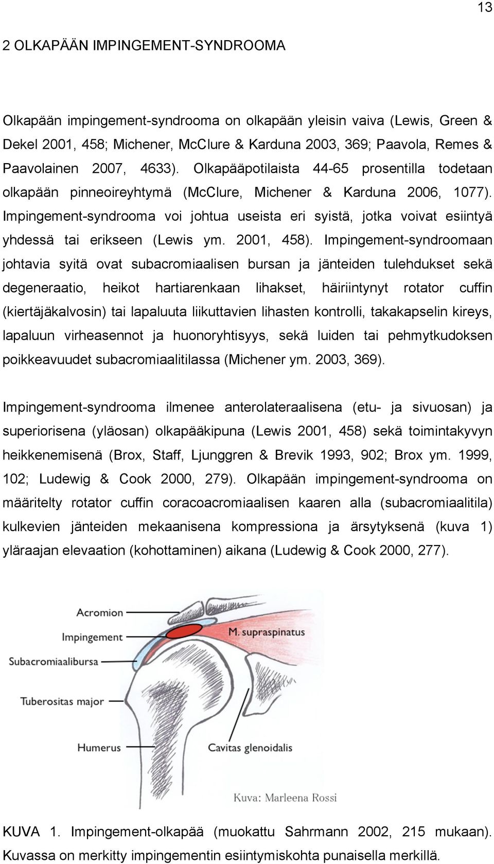 Impingement-syndrooma voi johtua useista eri syistä, jotka voivat esiintyä yhdessä tai erikseen (Lewis ym. 2001, 458).