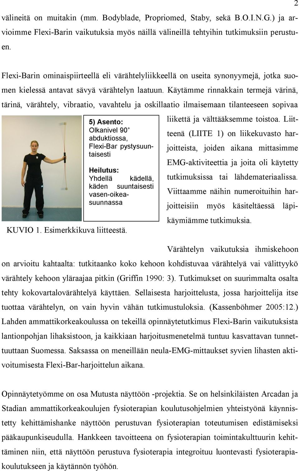 Käytämme rinnakkain termejä värinä, tärinä, värähtely, vibraatio, vavahtelu ja oskillaatio ilmaisemaan tilanteeseen sopivaa 5) Asento: Olkanivel 90 abduktiossa, Flexi-Bar pystysuuntaisesti Heilutus: