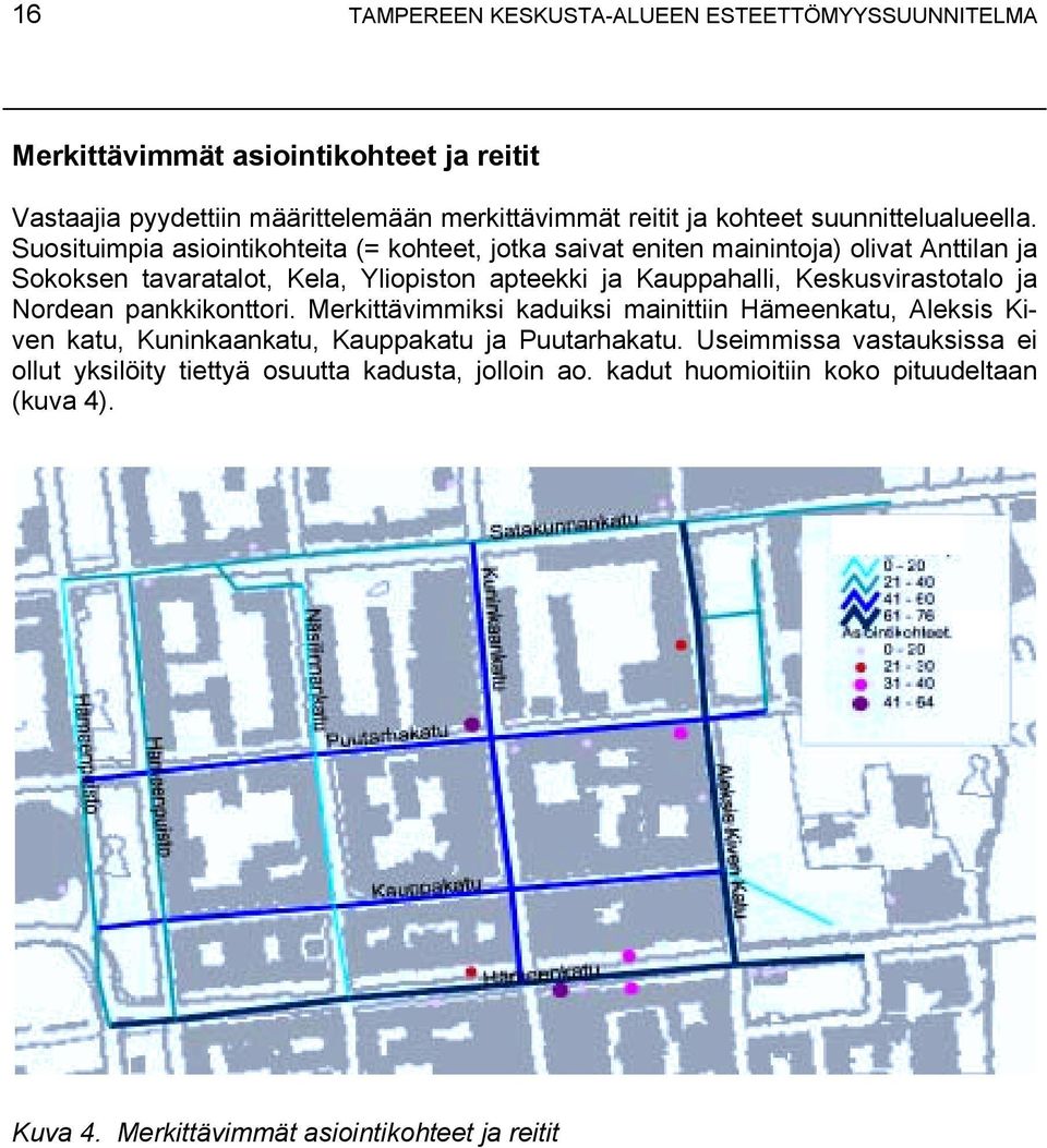 Suosituimpia asiointikohteita (= kohteet, jotka saivat eniten mainintoja) olivat Anttilan ja Sokoksen tavaratalot, Kela, Yliopiston apteekki ja Kauppahalli,