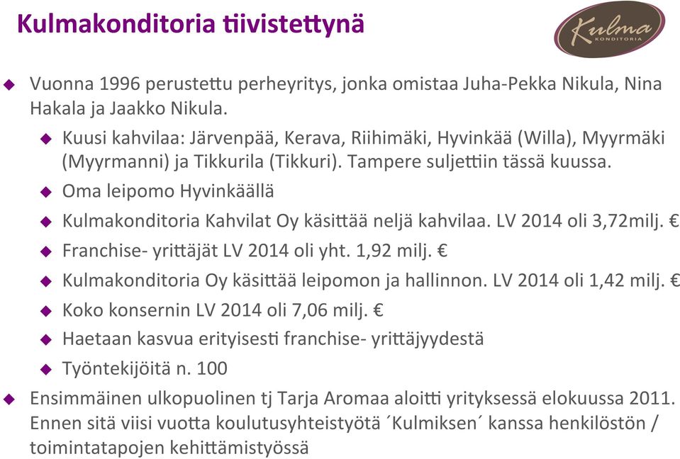 Oma leipomo Hyvinkäällä Kulmakonditoria Kahvilat Oy käsi9ää neljä kahvilaa. LV 2014 oli 3,72milj. Franchise- yri9äjät LV 2014 oli yht. 1,92 milj.