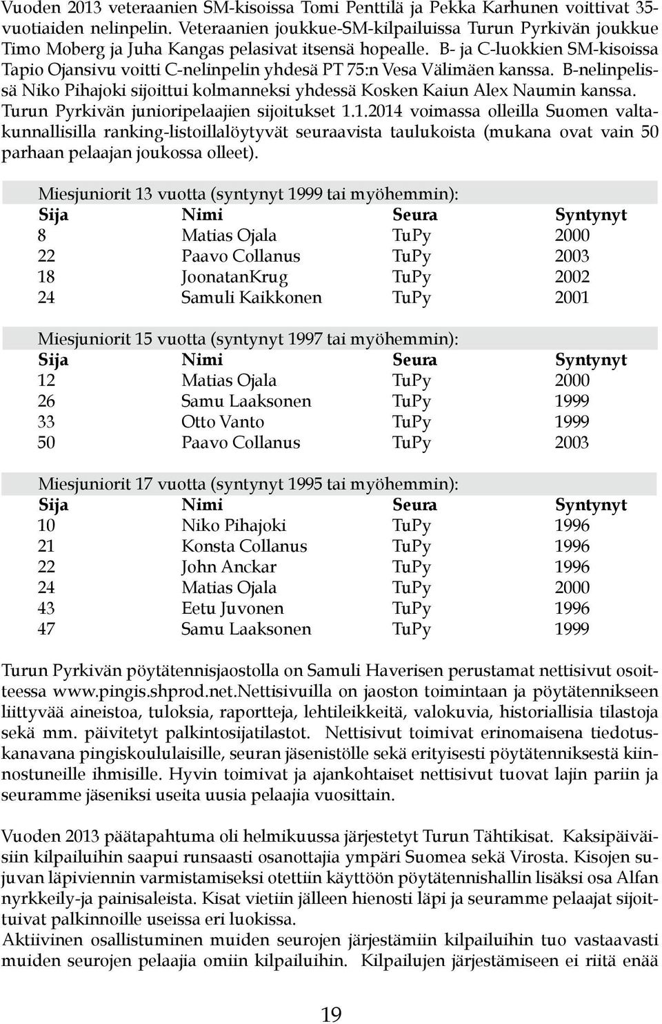 B- ja C-luokkien SM-kisoissa Tapio Ojansivu voitti C-nelinpelin yhdesä PT 75:n Vesa Välimäen kanssa. B-nelinpelissä Niko Pihajoki sijoittui kolmanneksi yhdessä Kosken Kaiun Alex Naumin kanssa.