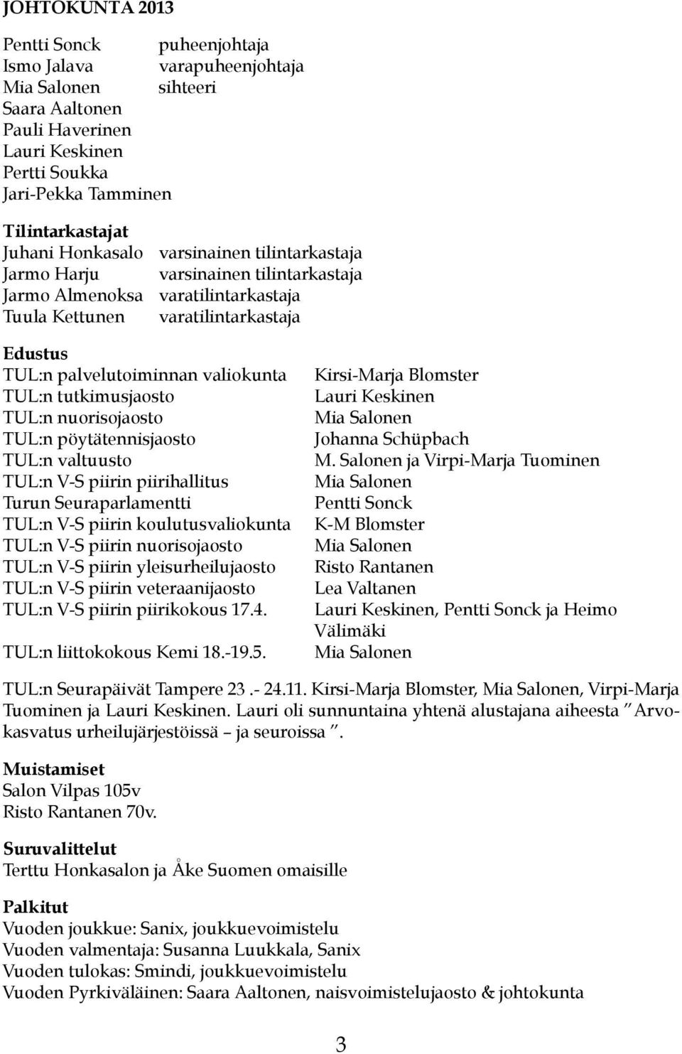 tutkimusjaosto TUL:n nuorisojaosto TUL:n pöytätennisjaosto TUL:n valtuusto TUL:n V-S piirin piirihallitus Turun Seuraparlamentti TUL:n V-S piirin koulutusvaliokunta TUL:n V-S piirin nuorisojaosto