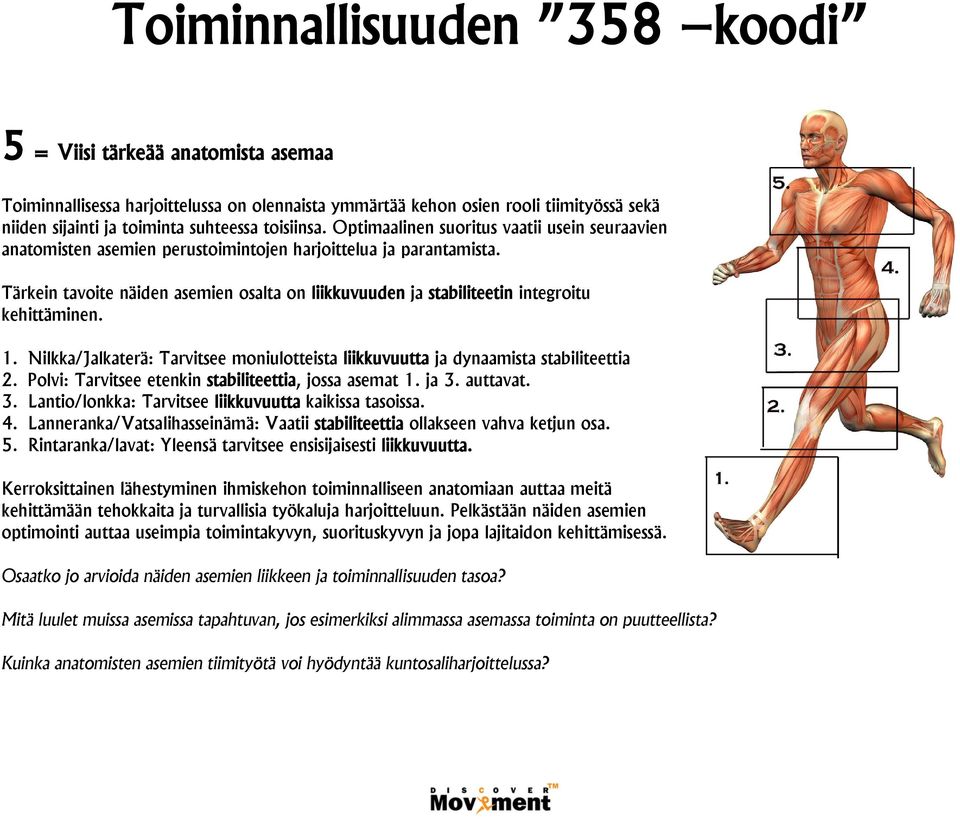 Tärkein tavoite näiden asemien osalta on liikkuvuuden ja stabiliteetin integroitu kehittäminen. 1. Nilkka/Jalkaterä: Tarvitsee moniulotteista liikkuvuutta ja dynaamista stabiliteettia 2.