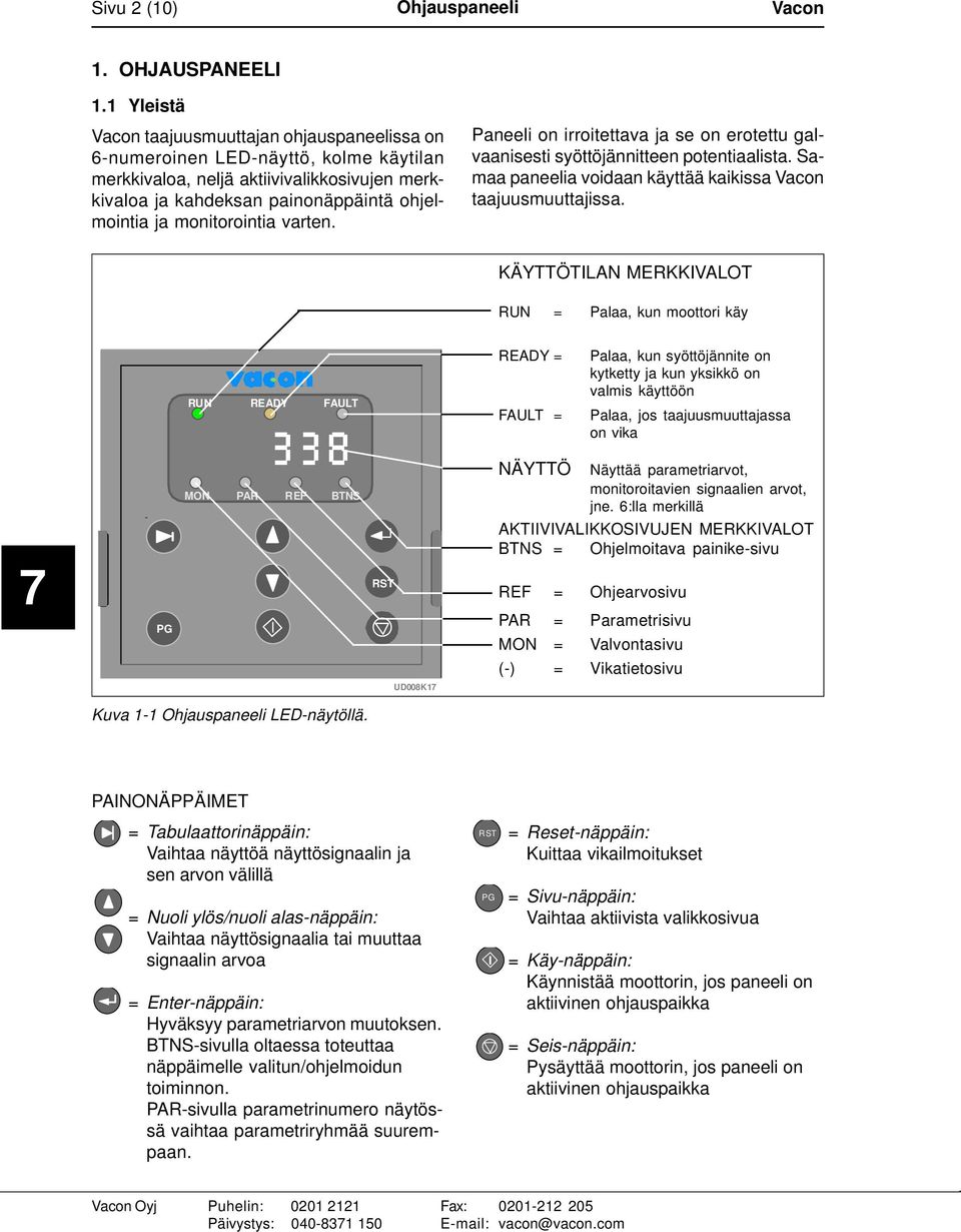 monitorointia varten. Paneeli on irroitettava ja se on erotettu galvaanisesti syöttöjännitteen potentiaalista. Samaa paneelia voidaan käyttää kaikissa Vacon taajuusmuuttajissa.