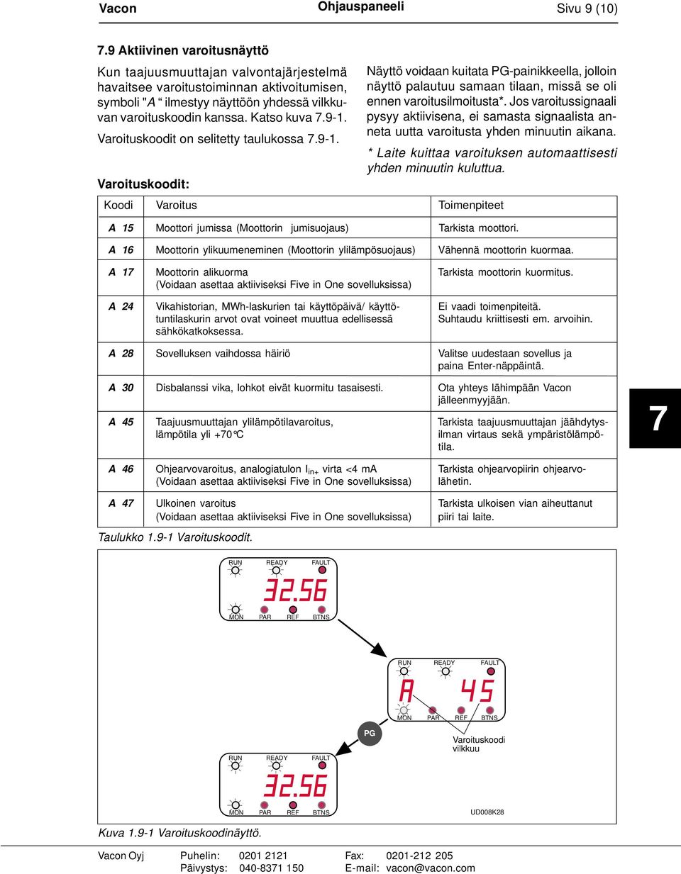 Varoituskoodit on selitetty taulukossa.9-1. Varoituskoodit: Näyttö voidaan kuitata -painikkeella, jolloin näyttö palautuu samaan tilaan, missä se oli ennen varoitusilmoitusta*.