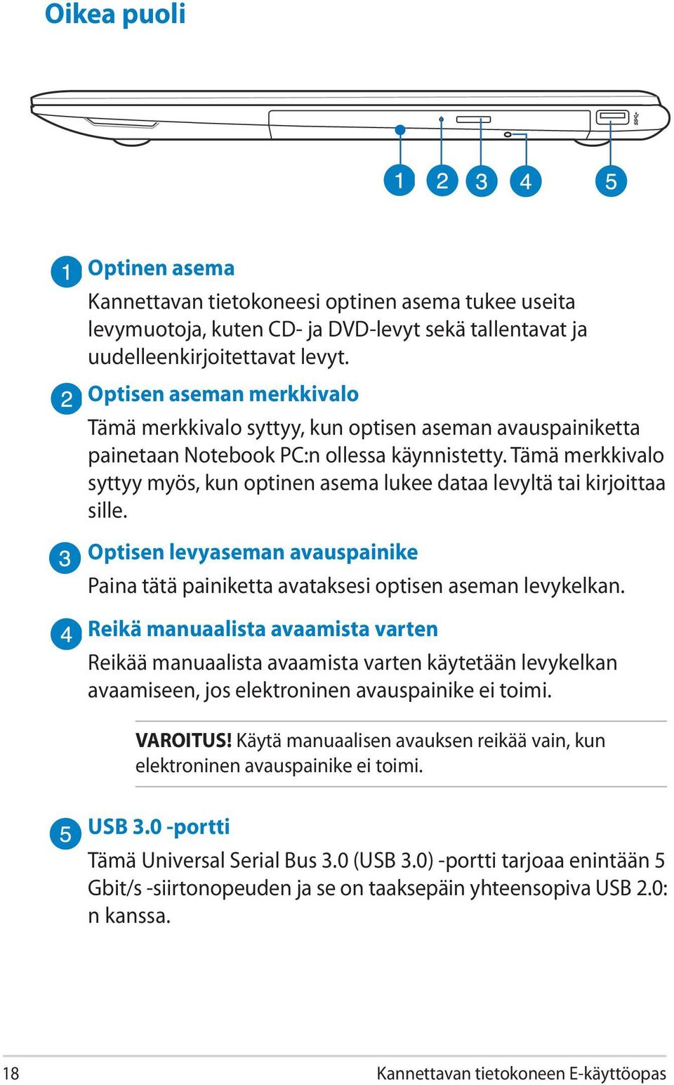Tämä merkkivalo syttyy myös, kun optinen asema lukee dataa levyltä tai kirjoittaa sille. Optisen levyaseman avauspainike Paina tätä painiketta avataksesi optisen aseman levykelkan.