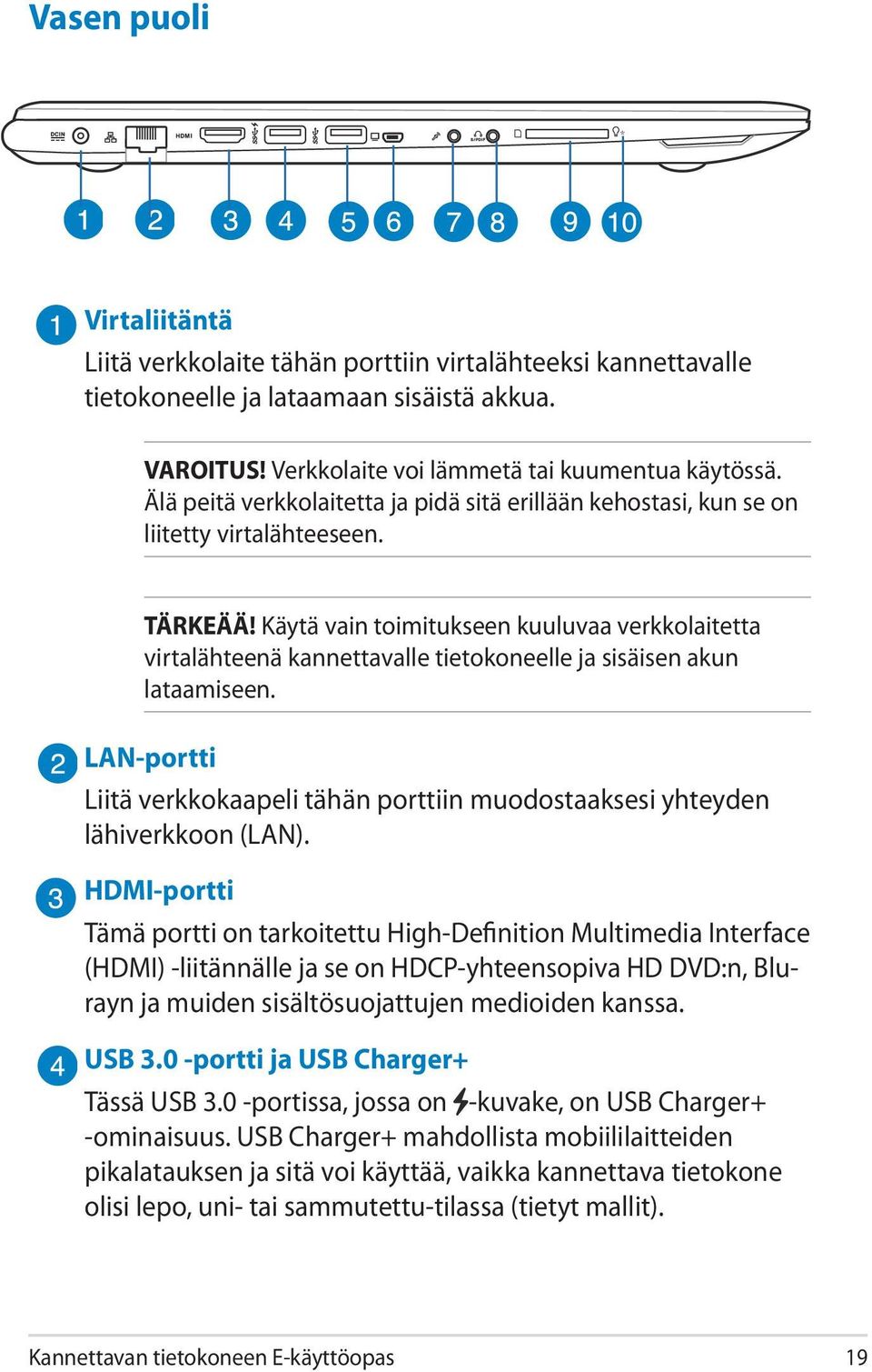 Käytä vain toimitukseen kuuluvaa verkkolaitetta virtalähteenä kannettavalle tietokoneelle ja sisäisen akun lataamiseen.