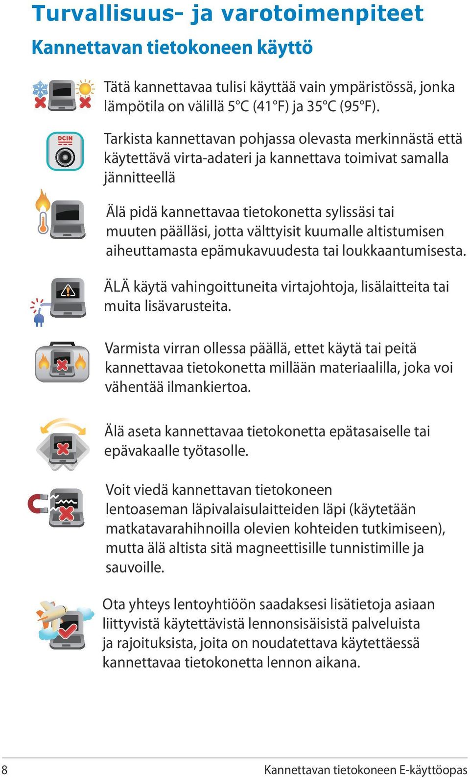 välttyisit kuumalle altistumisen aiheuttamasta epämukavuudesta tai loukkaantumisesta. ÄLÄ käytä vahingoittuneita virtajohtoja, lisälaitteita tai muita lisävarusteita.
