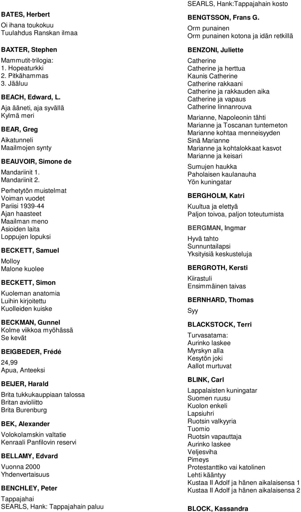 Perhetytön muistelmat Voiman vuodet Pariisi 1939-44 Ajan haasteet Maailman meno Asioiden laita Loppujen lopuksi BECKETT, Samuel Molloy Malone kuolee BECKETT, Simon Kuoleman anatomia Luihin