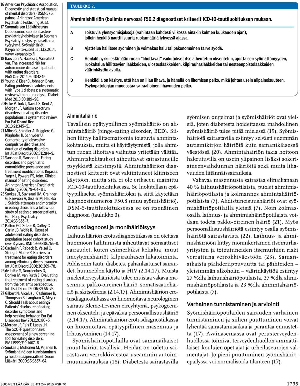 fi 18 Raevuori A, Haukka J, Vaarala O ym. The increased risk for autoimmune disease in patients with eating disorders. PloS One 2014;9:e104845. 19 Young V, Eiser C, Johnson B ym.