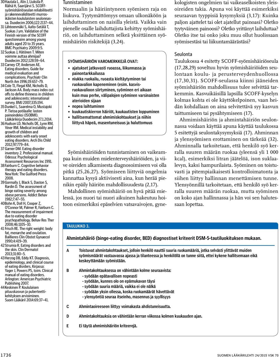 Miten voimme auttaa ahmijaa? Duodecim 2012;128:59 64. 33 Carney CP, Andersen AE. Eating disorders. Guide for medical evaluation and complications. Psychiatr Clin North Am 1996;19:657 79.