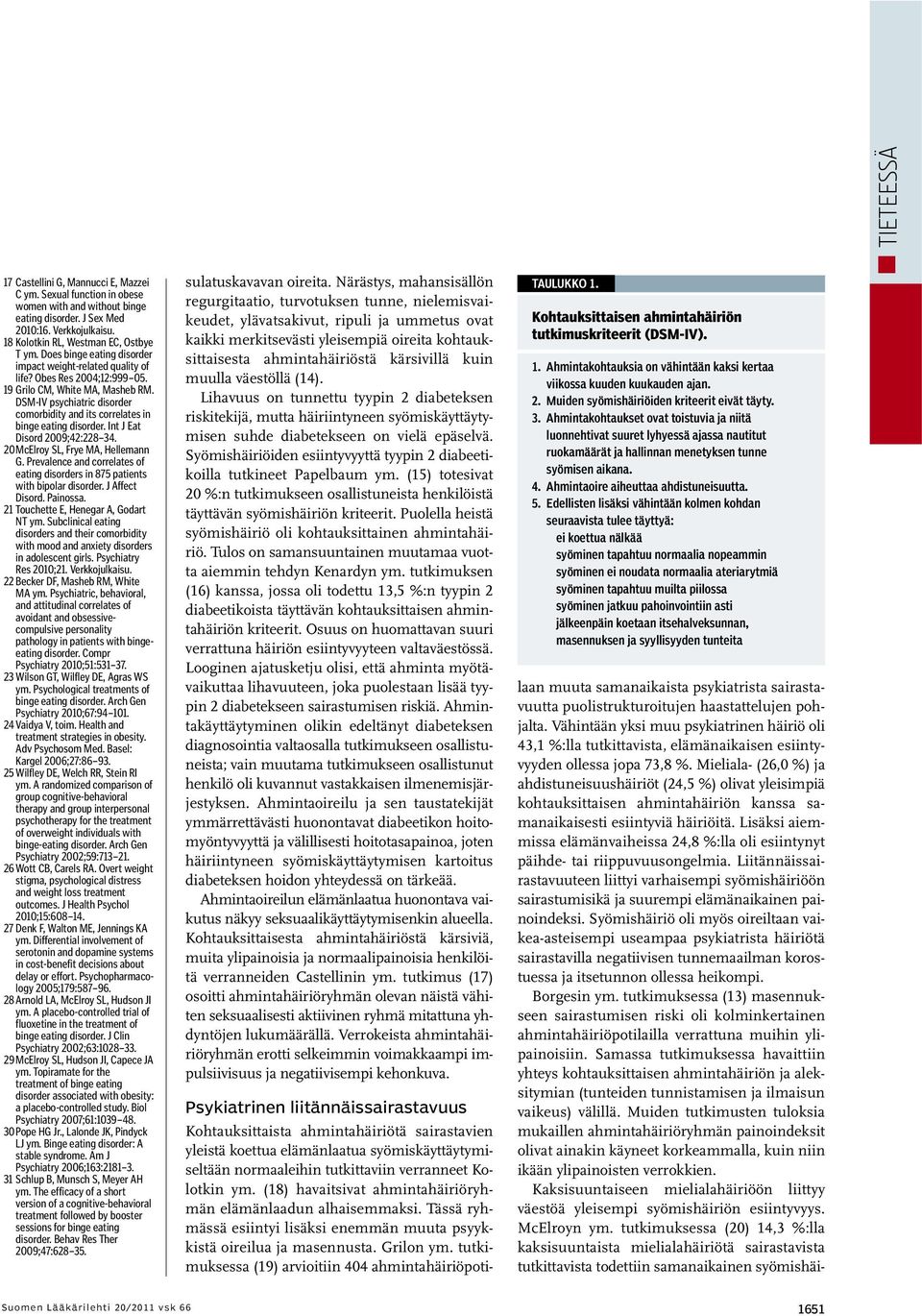 DSM-IV psychiatric disorder comorbidity and its correlates in binge eating disorder. Int J Eat Disord 2009;42:228 34. 20McElroy SL, Frye MA, Hellemann G.