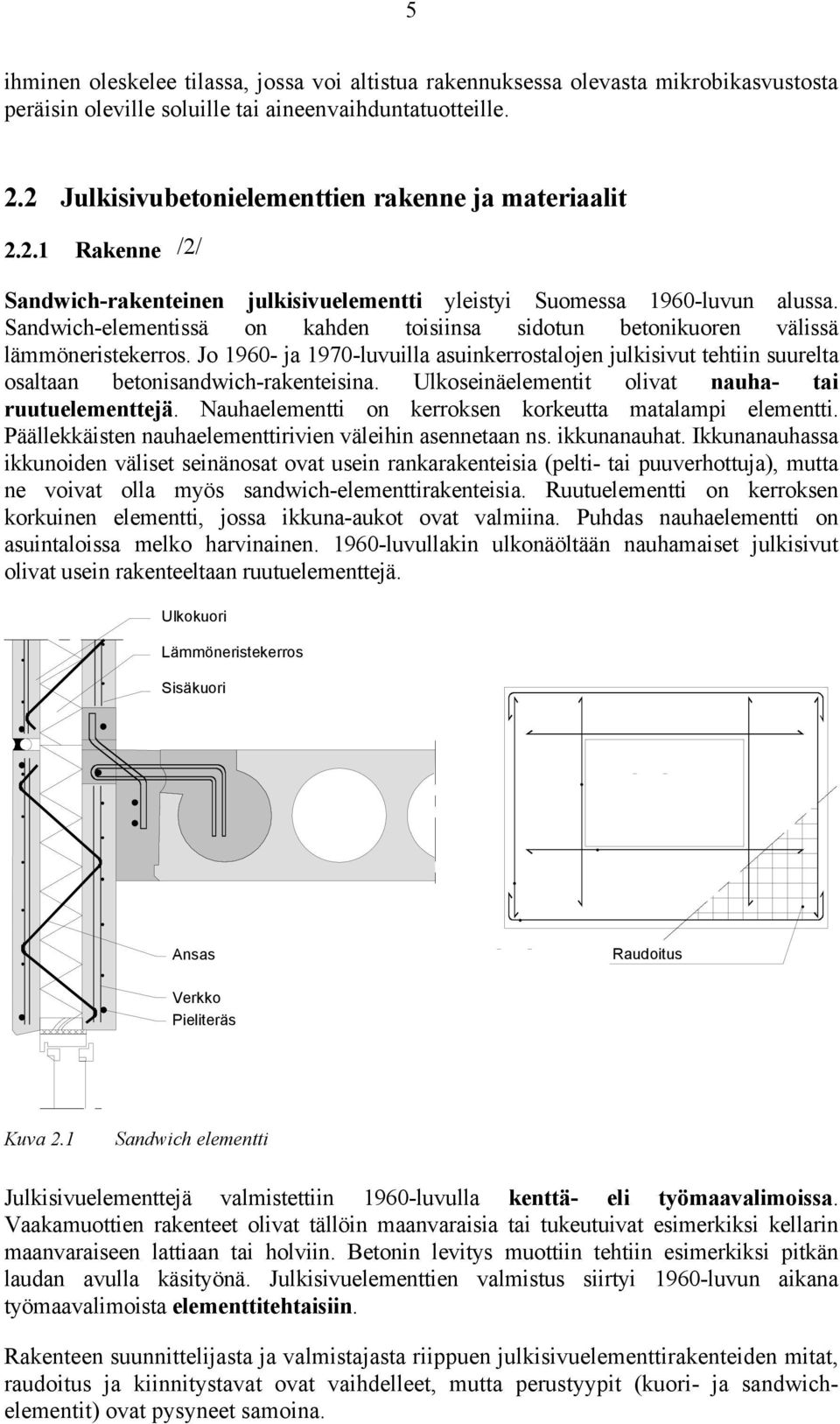 Sandwich-elementissä on kahden toisiinsa sidotun betonikuoren välissä lämmöneristekerros. Jo 1960- ja 1970-luvuilla asuinkerrostalojen julkisivut tehtiin suurelta osaltaan betonisandwich-rakenteisina.