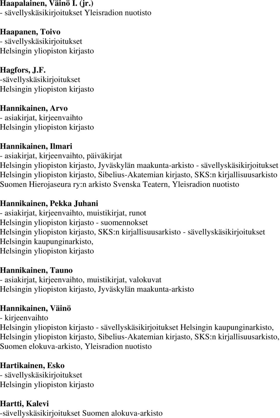 kirjallisuusarkisto Suomen Hierojaseura ry:n arkisto Svenska Teatern, Yleisradion nuotisto Hannikainen, Pekka Juhani - asiakirjat, kirjeenvaihto, muistikirjat, runot - suomennokset, SKS:n