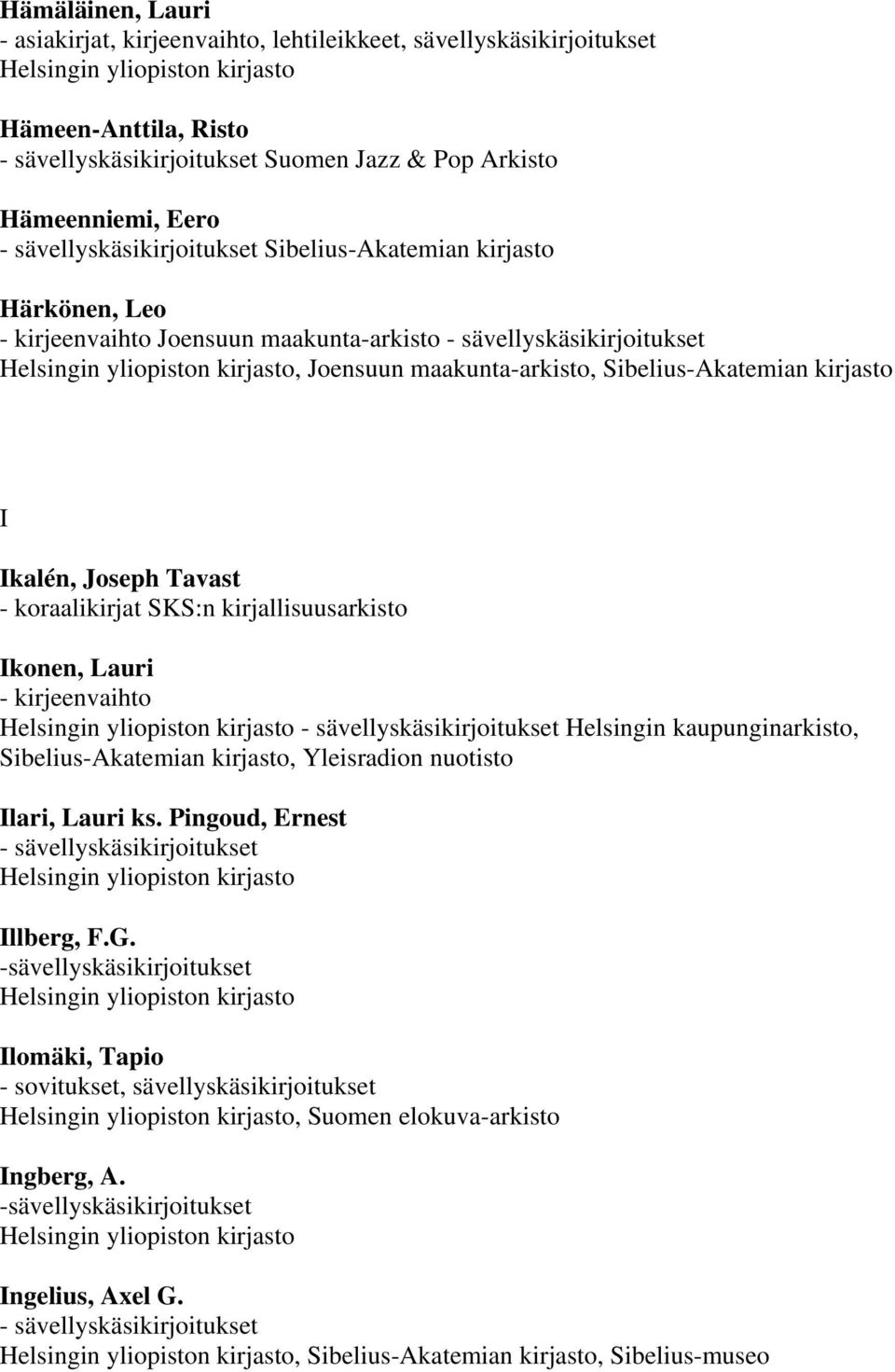 kirjallisuusarkisto Ikonen, Lauri - kirjeenvaihto Helsingin kaupunginarkisto, Sibelius-Akatemian kirjasto, Yleisradion nuotisto Ilari, Lauri ks. Pingoud, Ernest Illberg, F.G.