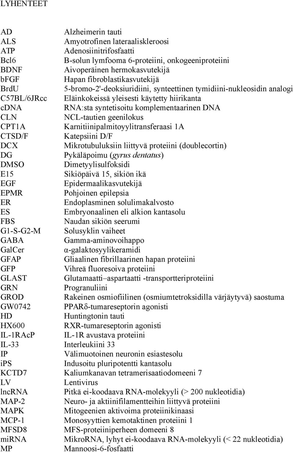 fibroblastikasvutekijä 5-bromo-2'-deoksiuridiini, synteettinen tymidiini-nukleosidin analogi Eläinkokeissä yleisesti käytetty hiirikanta RNA:sta syntetisoitu komplementaarinen DNA NCL-tautien