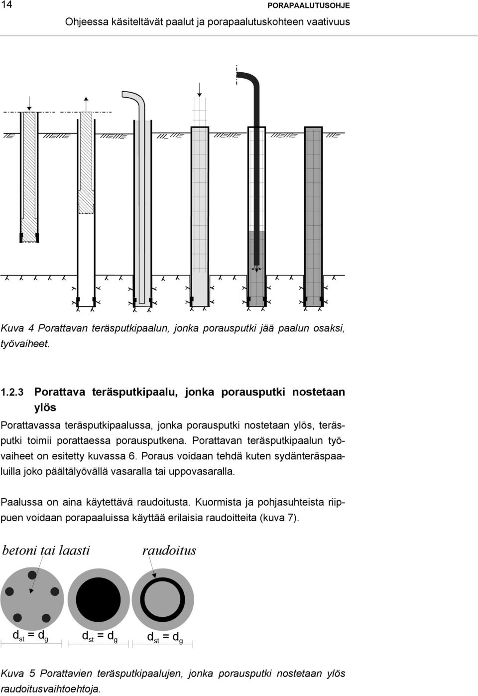 Porattavan teräsputkipaalun työvaiheet on esitetty kuvassa 6. Poraus voidaan tehdä kuten sydänteräspaaluilla joko päältälyövällä vasaralla tai uppovasaralla. Paalussa on aina käytettävä raudoitusta.