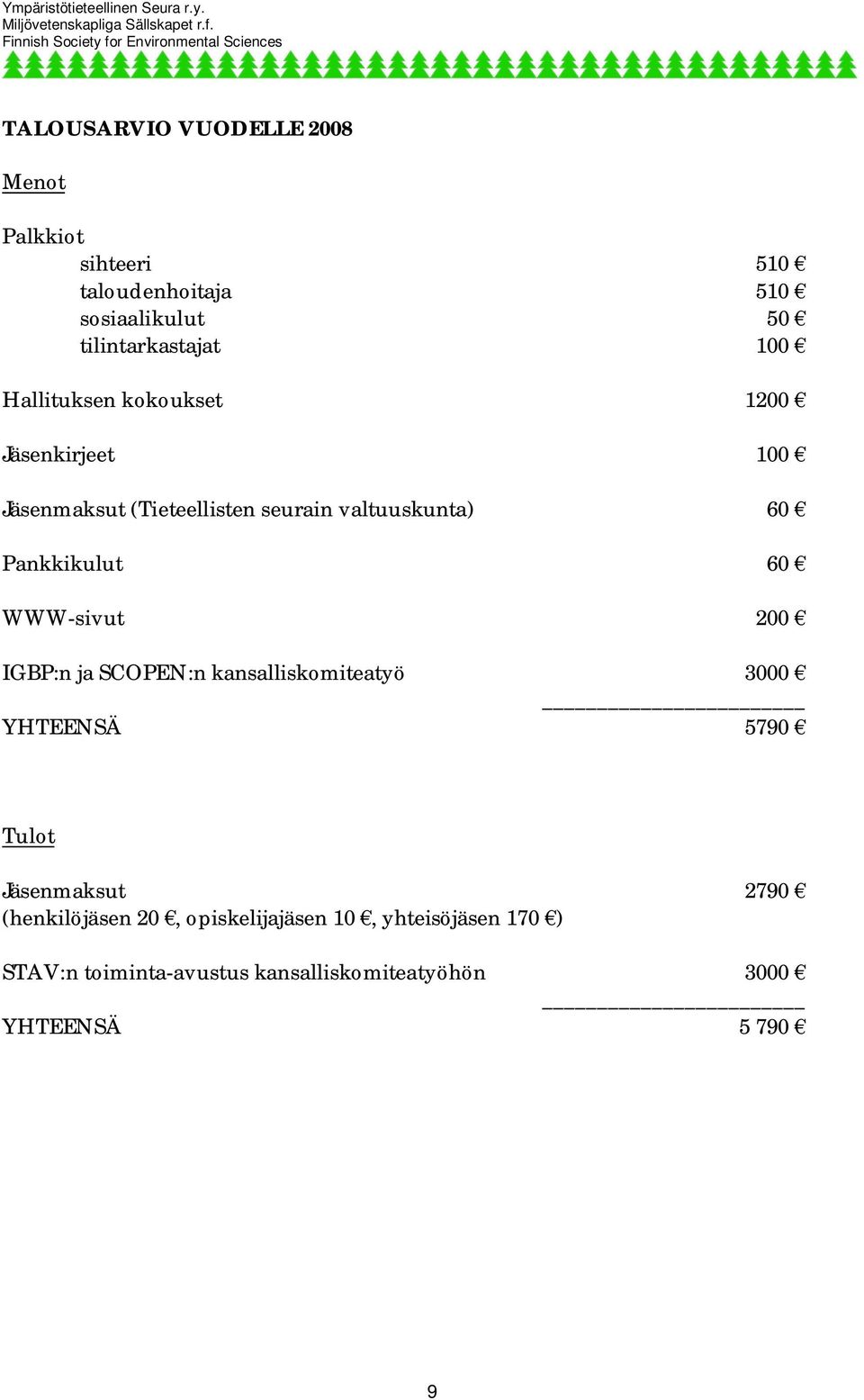 Pankkikulut 60 WWW-sivut 200 IGBP:n ja SCOPEN:n kansalliskomiteatyö 3000 YHTEENSÄ 5790 Tulot Jäsenmaksut 2790