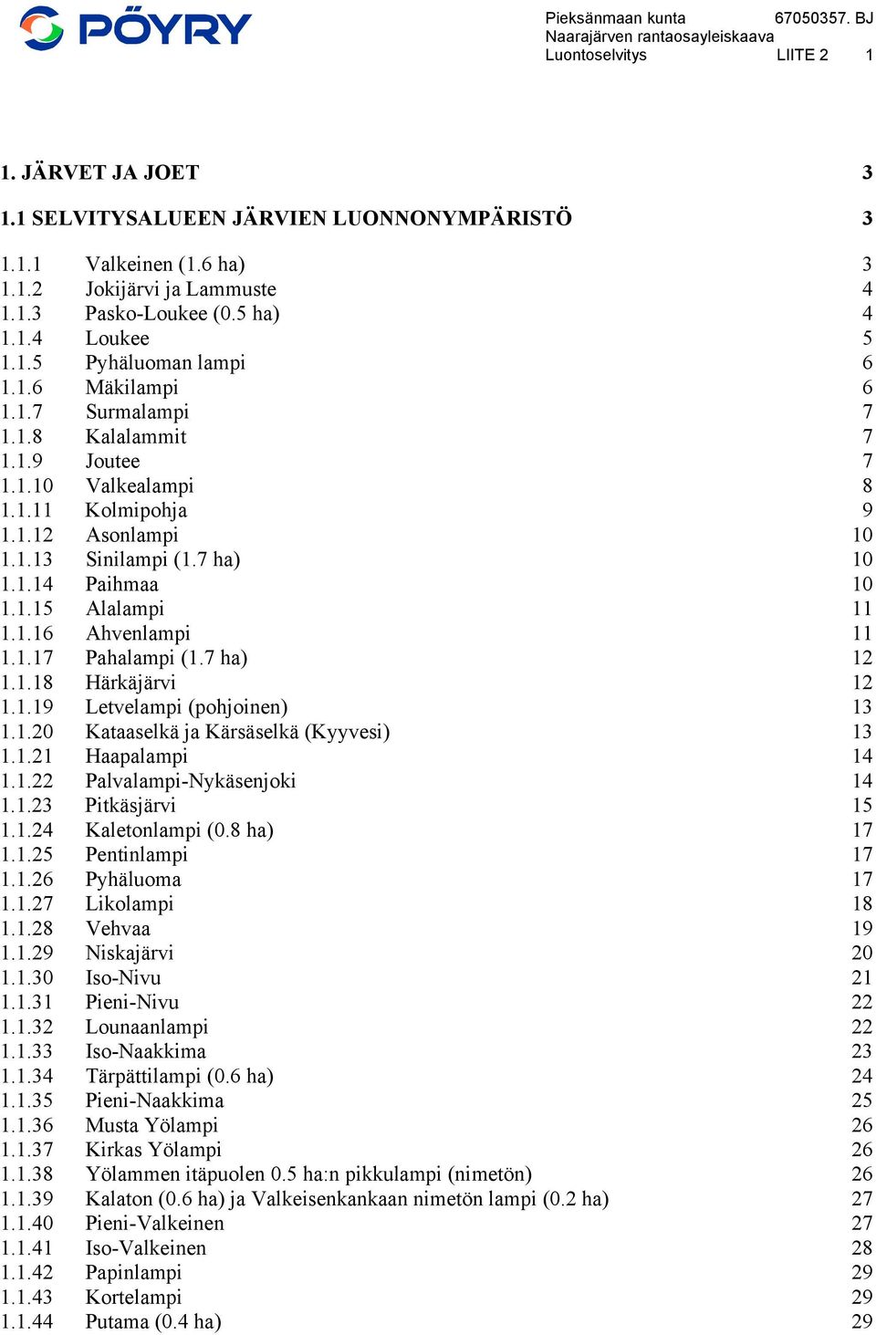 1.17 Pahalampi (1.7 ha) 12 1.1.18 Härkäjärvi 12 1.1.19 Letvelampi (pohjoinen) 13 1.1.20 Kataaselkä ja Kärsäselkä (Kyyvesi) 13 1.1.21 Haapalampi 14 1.1.22 Palvalampi-Nykäsenjoki 14 1.1.23 Pitkäsjärvi 15 1.