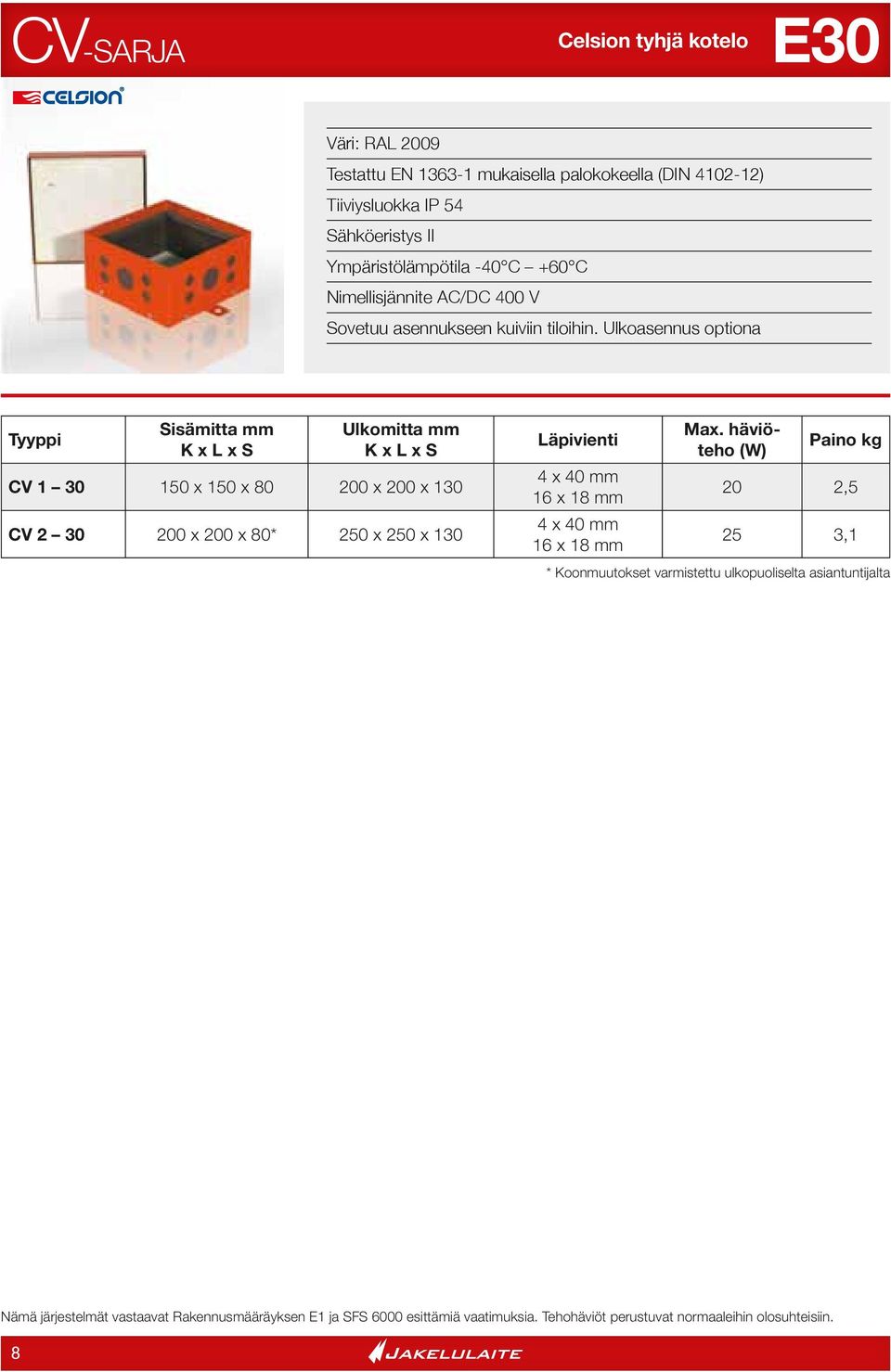 Ulkoasennus optiona Tyyppi Sisämitta mm Ulkomitta mm CV 1 30 150 x 150 x 80 200 x 200 x 130 CV 2 30 200 x 200 x 80* 250 x 250 x 130 Läpivienti 4 x 40 mm 16 x 18 mm