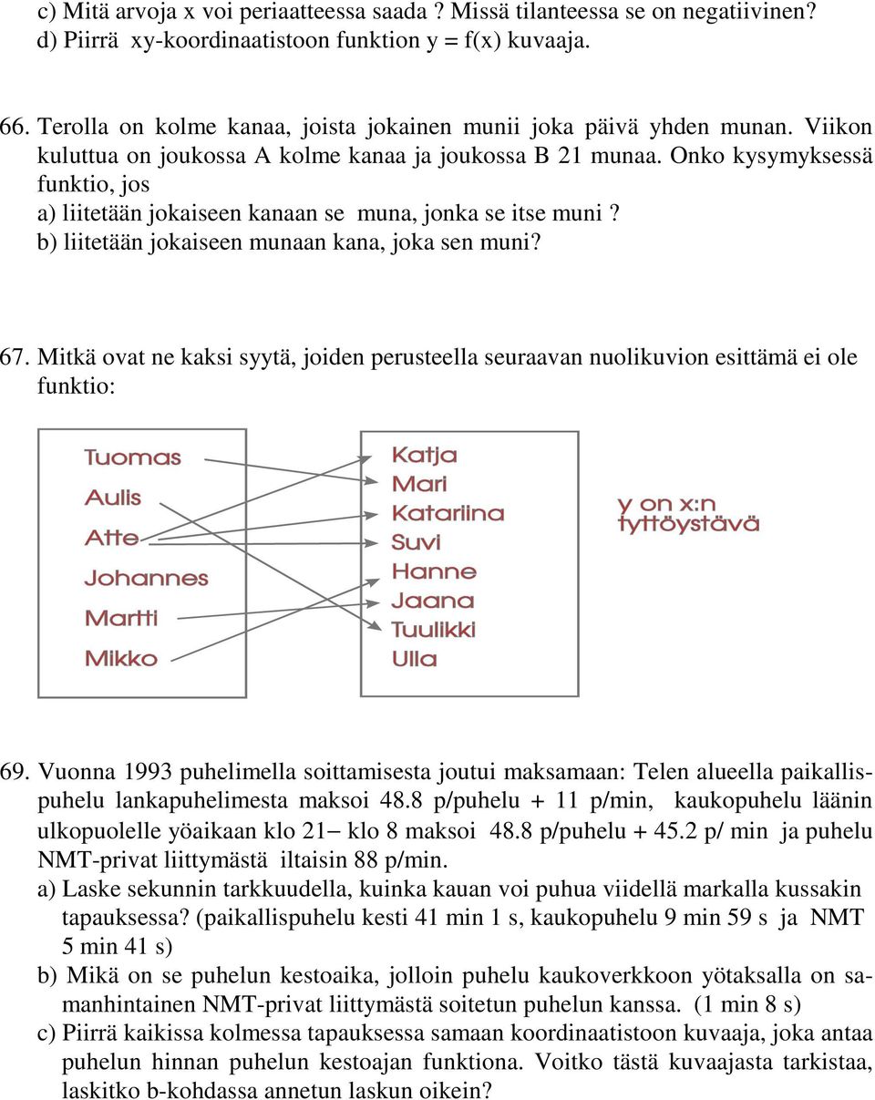 Onko kysymyksessä funktio, jos liitetään jokaiseen kanaan se muna, jonka se itse muni? b) liitetään jokaiseen munaan kana, joka sen muni? 67.