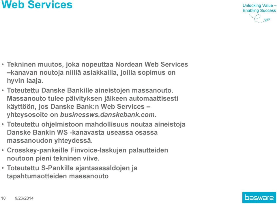 Massanouto tulee päivityksen jälkeen automaattisesti käyttöön, jos Danske Bank:n Web Services yhteysosoite on businessws.danskebank.com.