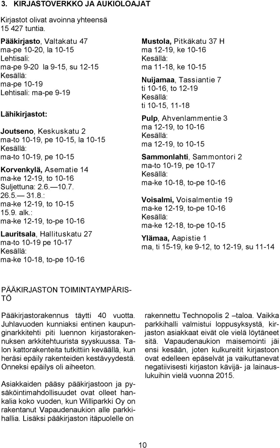 ma-to 10-19, pe 10-15 Korvenkylä, Asematie 14 ma-ke 12-19, to 10-16 Suljettuna: 2.6. 10.7. 26.5. 31.8.: ma-ke 12-19, to 10-15 15.9. alk.