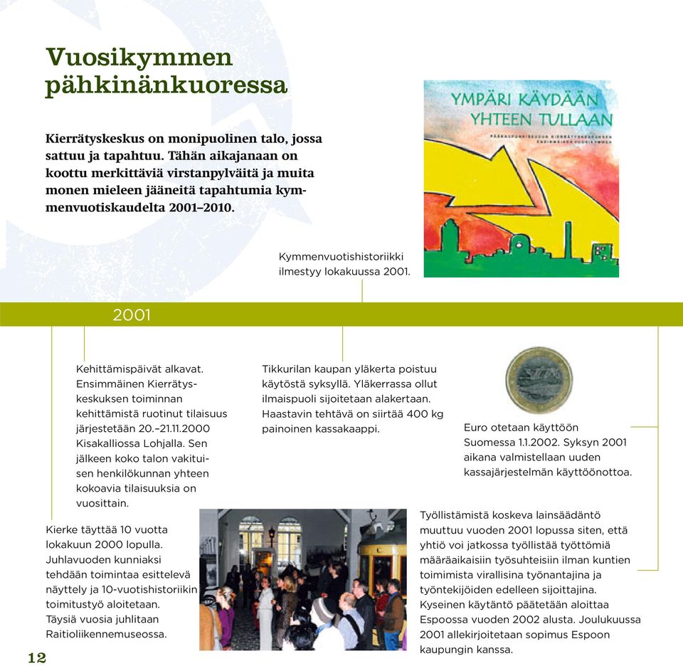 2001 12 Kehittämispäivät alkavat. Ensimmäinen Kierrätyskeskuksen toiminnan kehittämistä ruotinut tilaisuus järjestetään 20. 21.11.2000 Kisakalliossa Lohjalla.