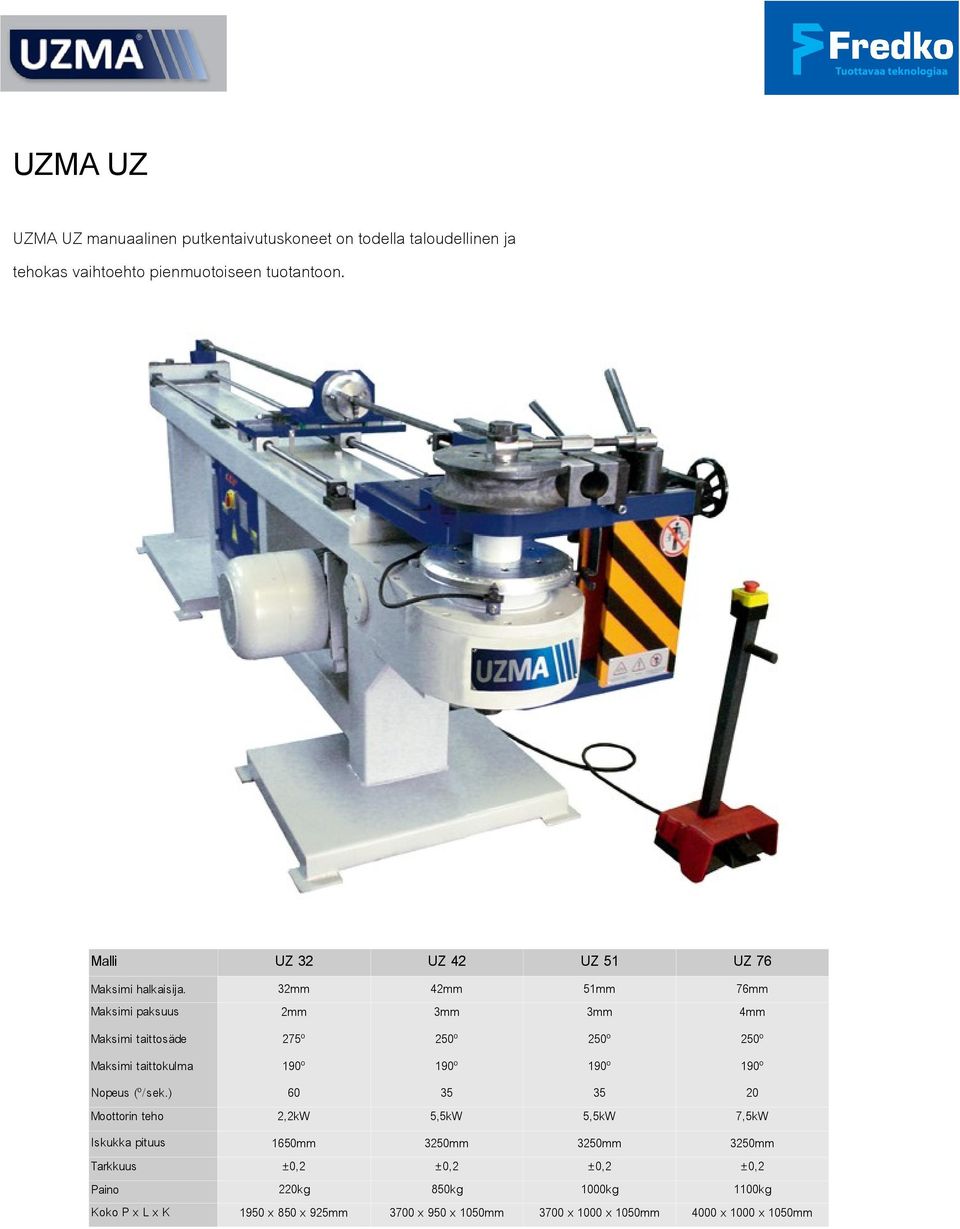 ) Moottorin teho Iskukka pituus Tarkkuus Paino Koko P x L x K UZ UZ 4 UZ 51 UZ 76 75º 190º 60,kW 1650 ±0, 0kg 1950 x 850 x